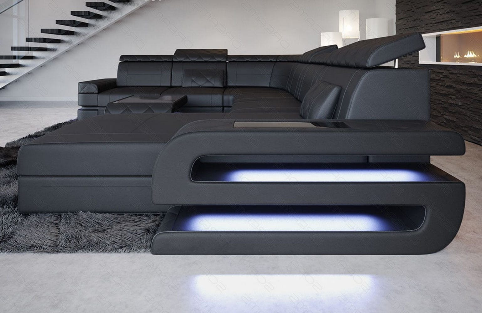 Mini Wohnlandschaft Bologna XXL in Leder schwarz