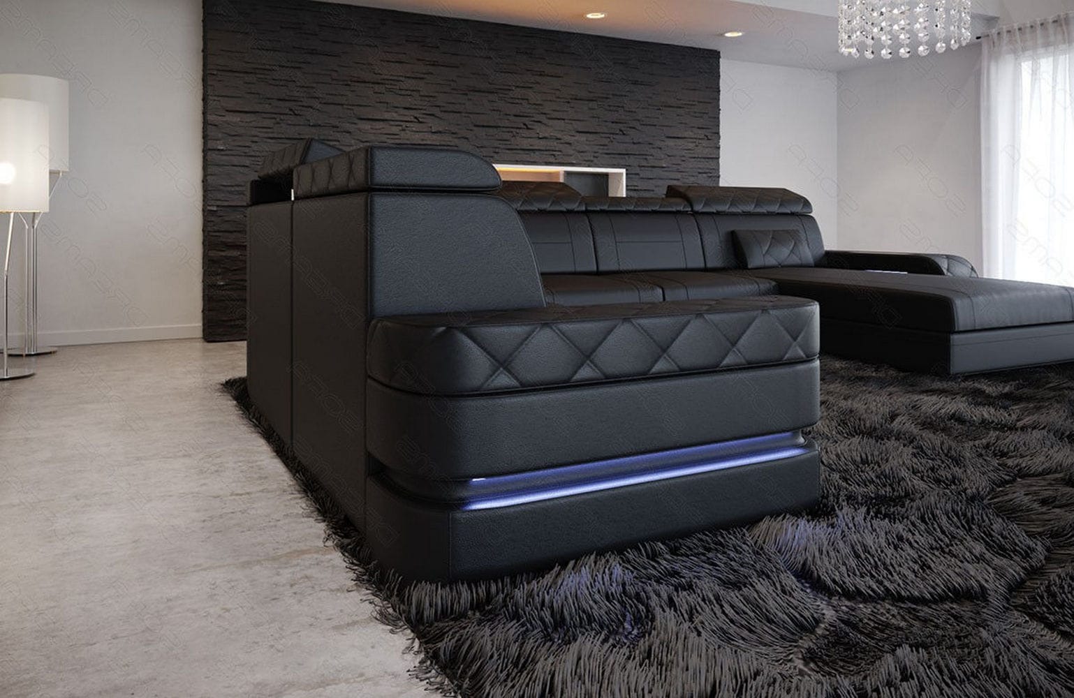 Mini Wohnlandschaft Bologna XXL in Leder schwarz