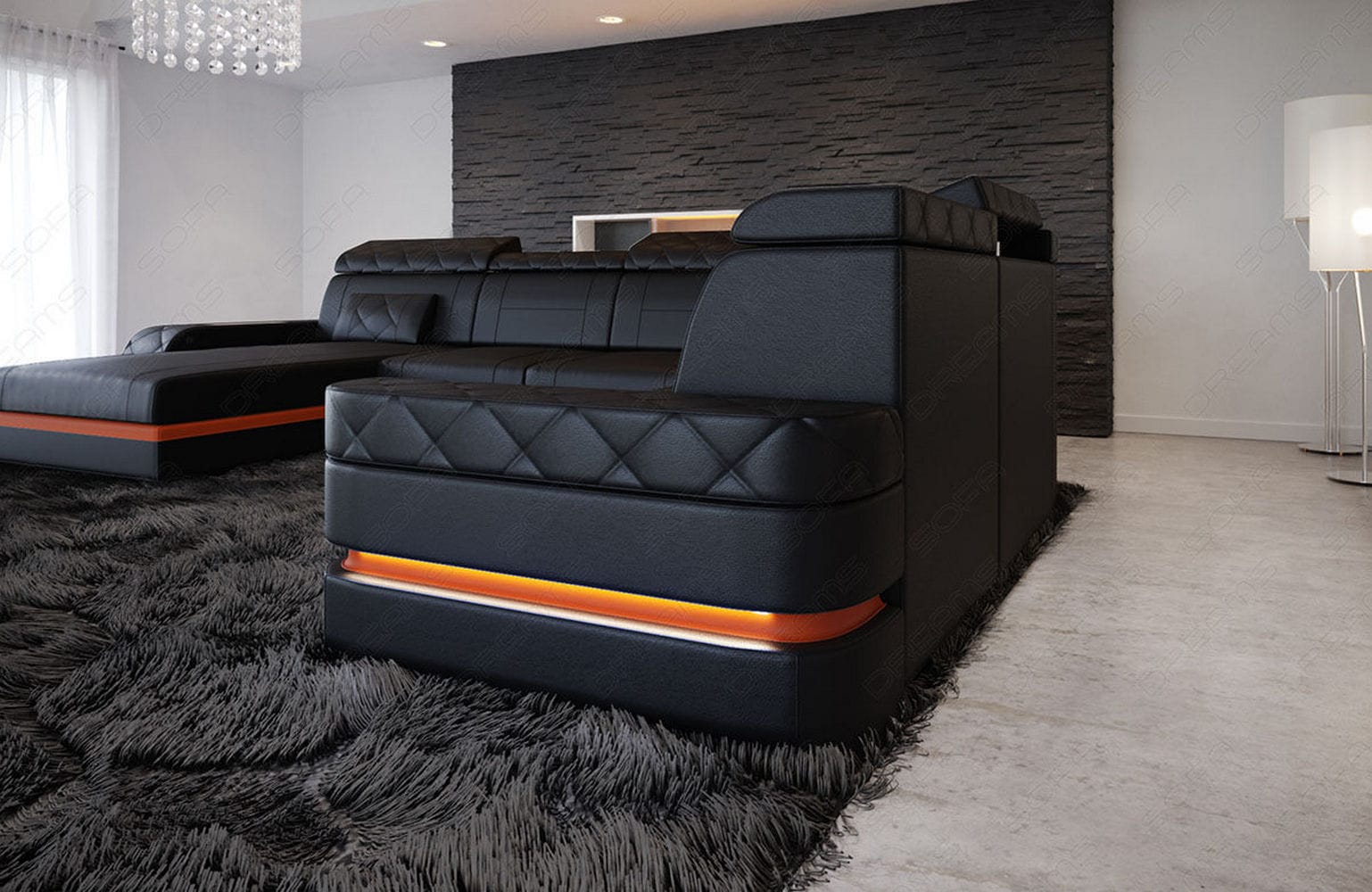 Mini Wohnlandschaft Bologna XXL U-Form in Leder Schwarz-Orange