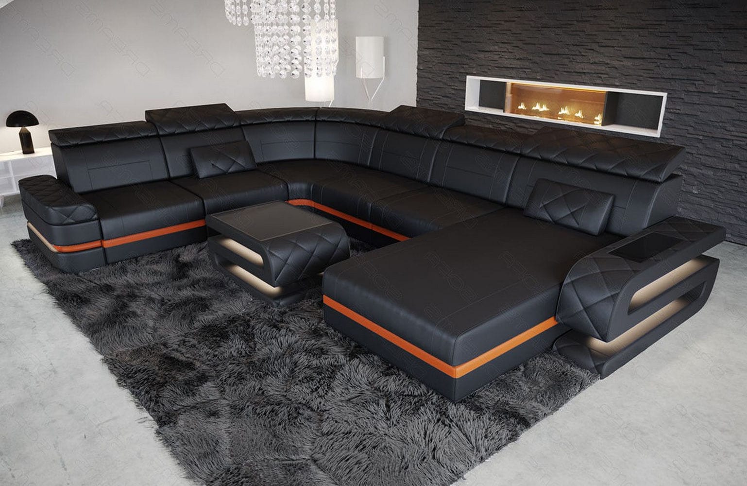 Mini Wohnlandschaft Bologna XXL in Leder schwarz-orange