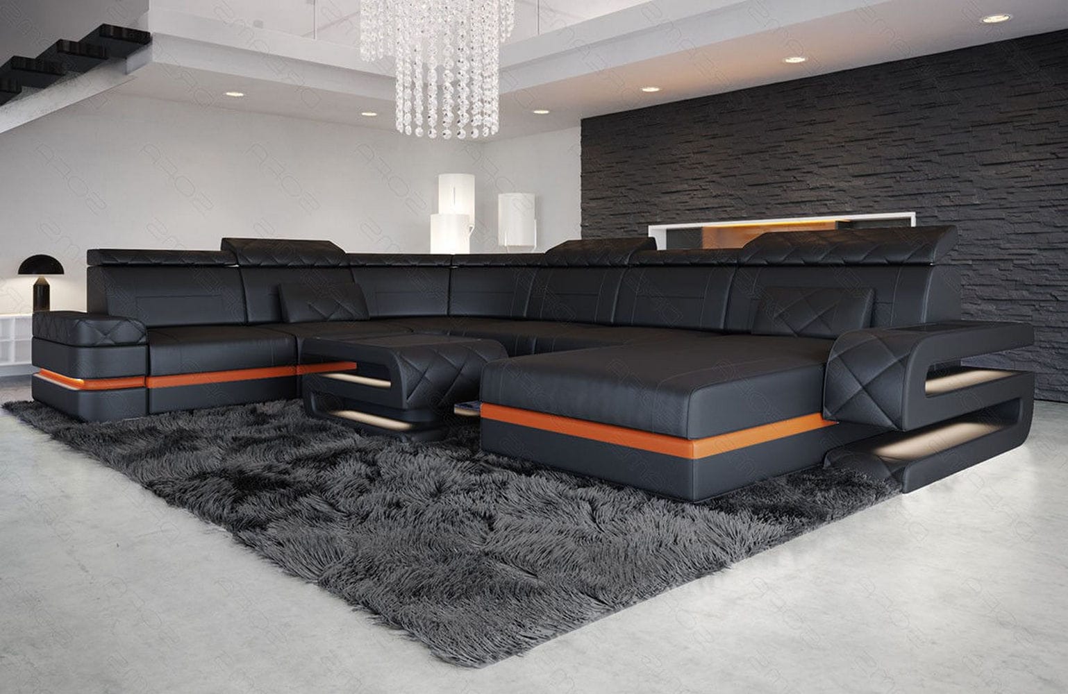 Mini Wohnlandschaft Bologna XXL in Leder schwarz-orange