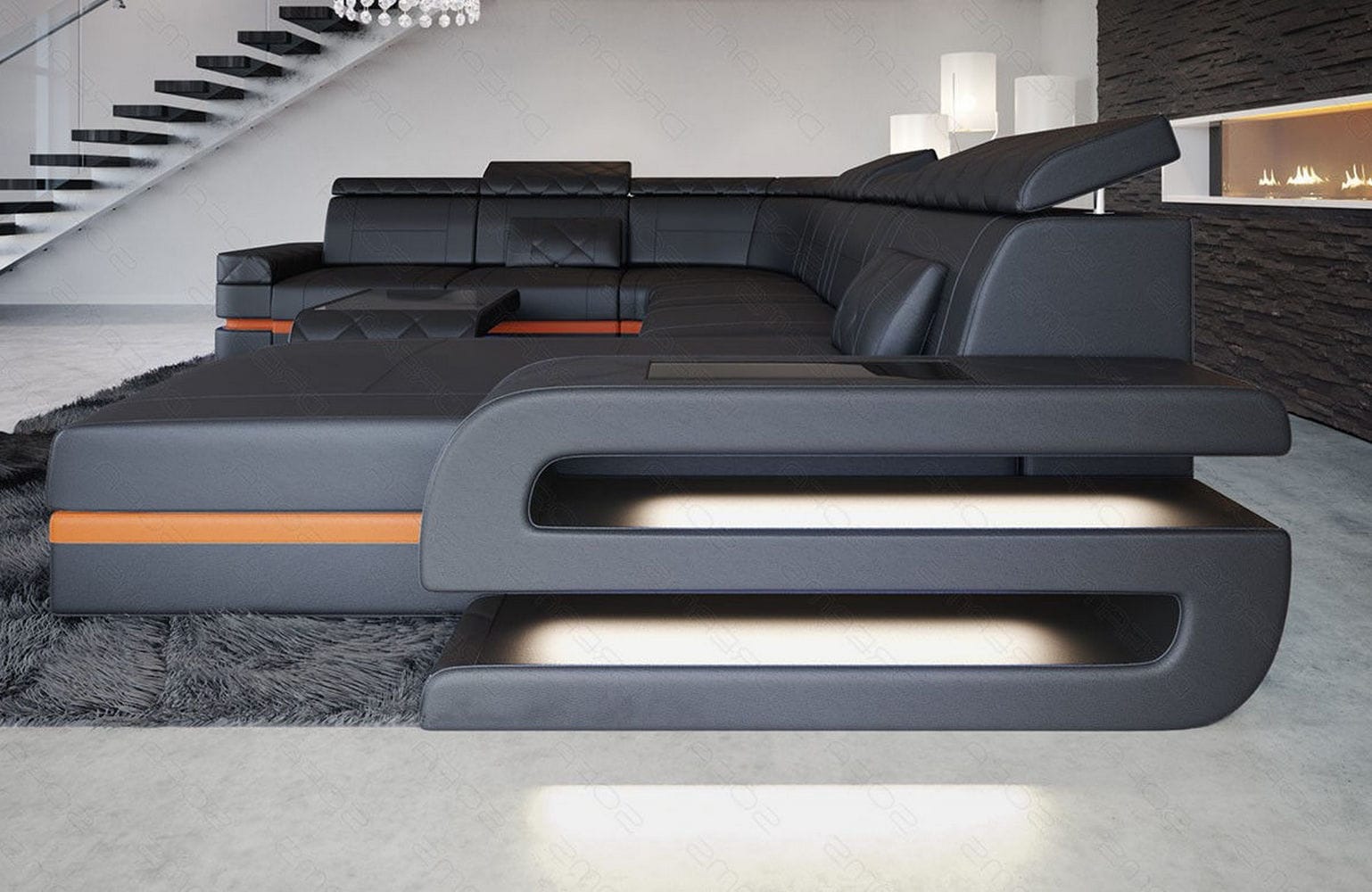 Mini Wohnlandschaft Bologna XXL in Leder schwarz-orange