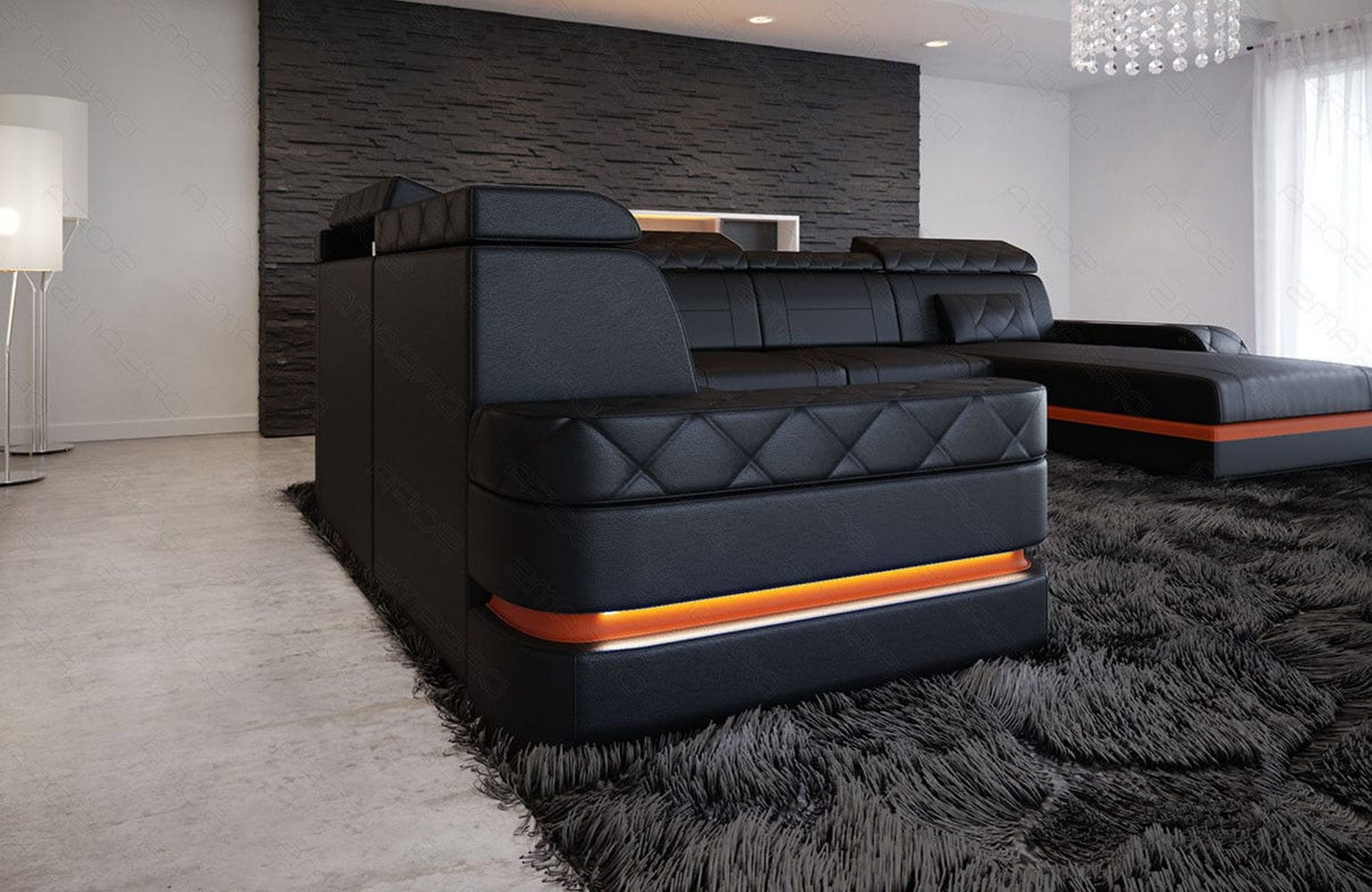 Mini Wohnlandschaft Bologna XXL in Leder schwarz-orange