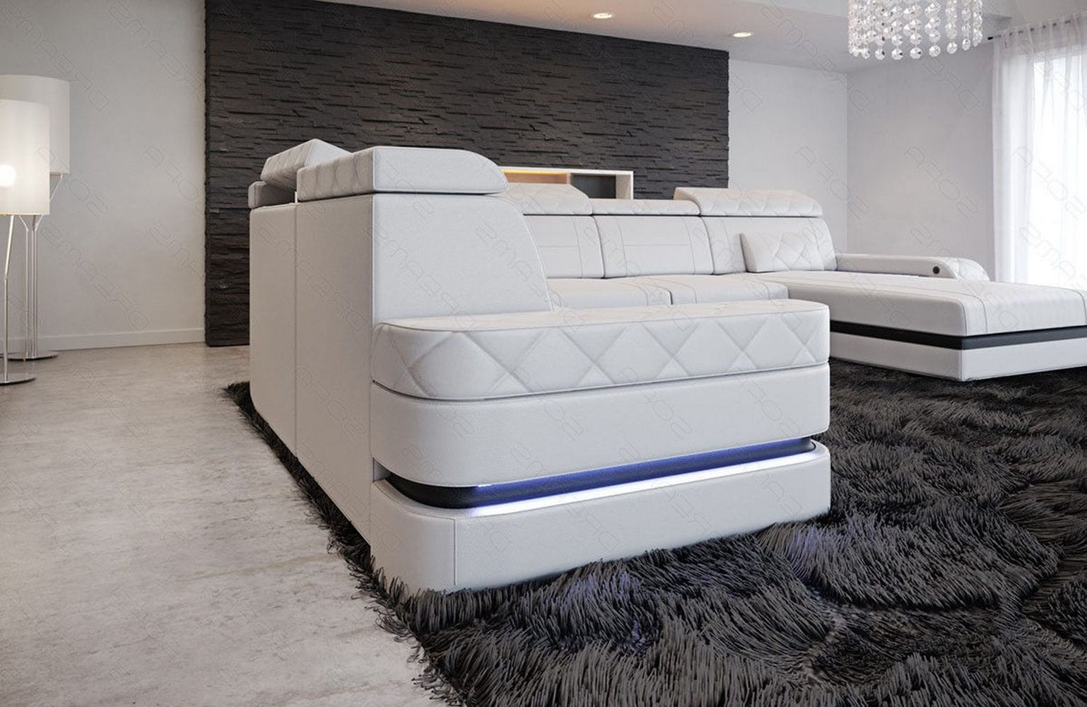 Mini Wohnlandschaft Bologna XXL in Leder weiß-schwarz