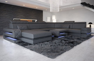 Mini Wohnlandschaft Bologna XXL U-Form in Leder Grau-Schwarz