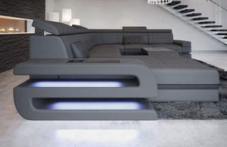 Mini Wohnlandschaft Bologna XXL U-Form in Leder Grau-Schwarz