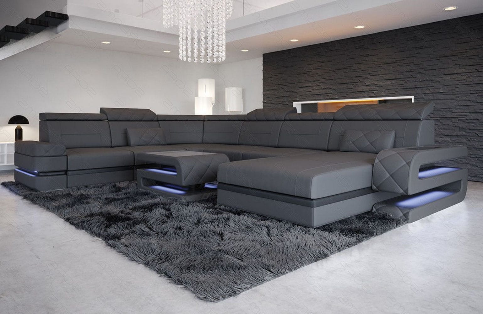 Mini Wohnlandschaft Bologna XXL U-Form in Leder grau-schwarz