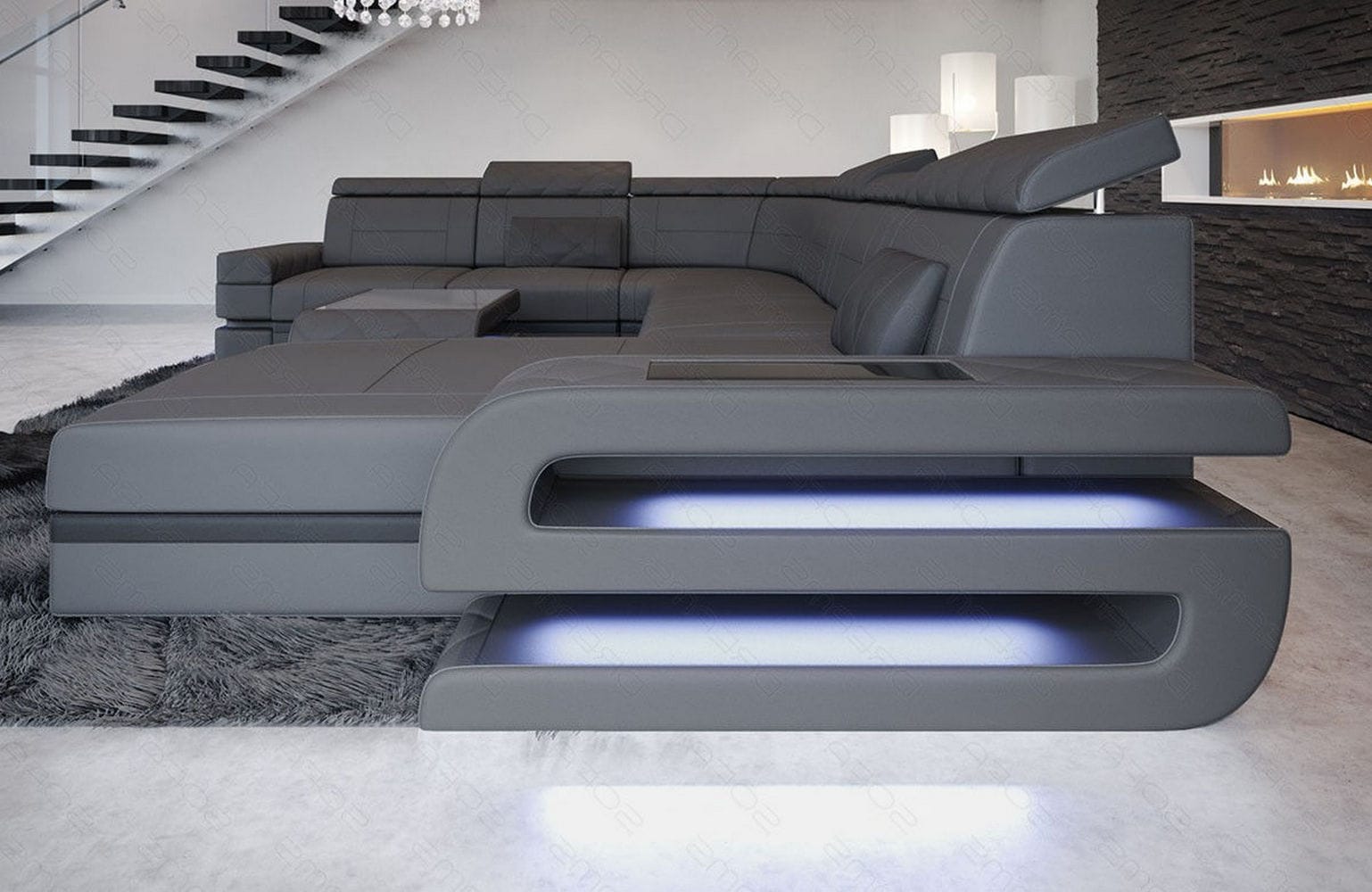 Mini Wohnlandschaft Bologna XXL U-Form in Leder grau-schwarz