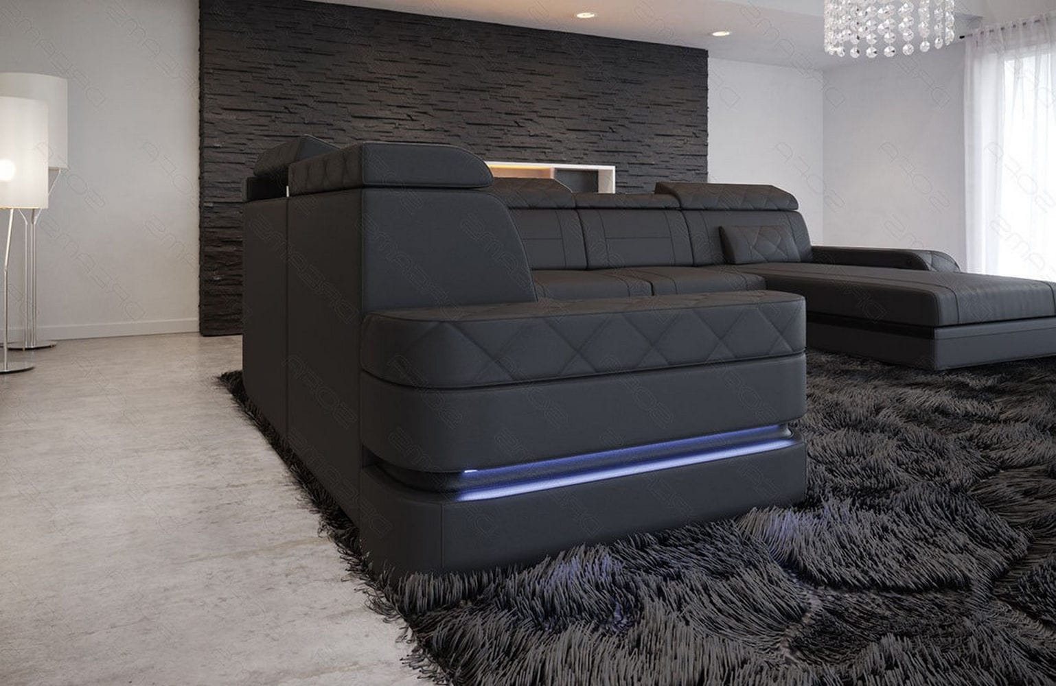 Mini Wohnlandschaft Bologna XXL U-Form in Leder grau-schwarz