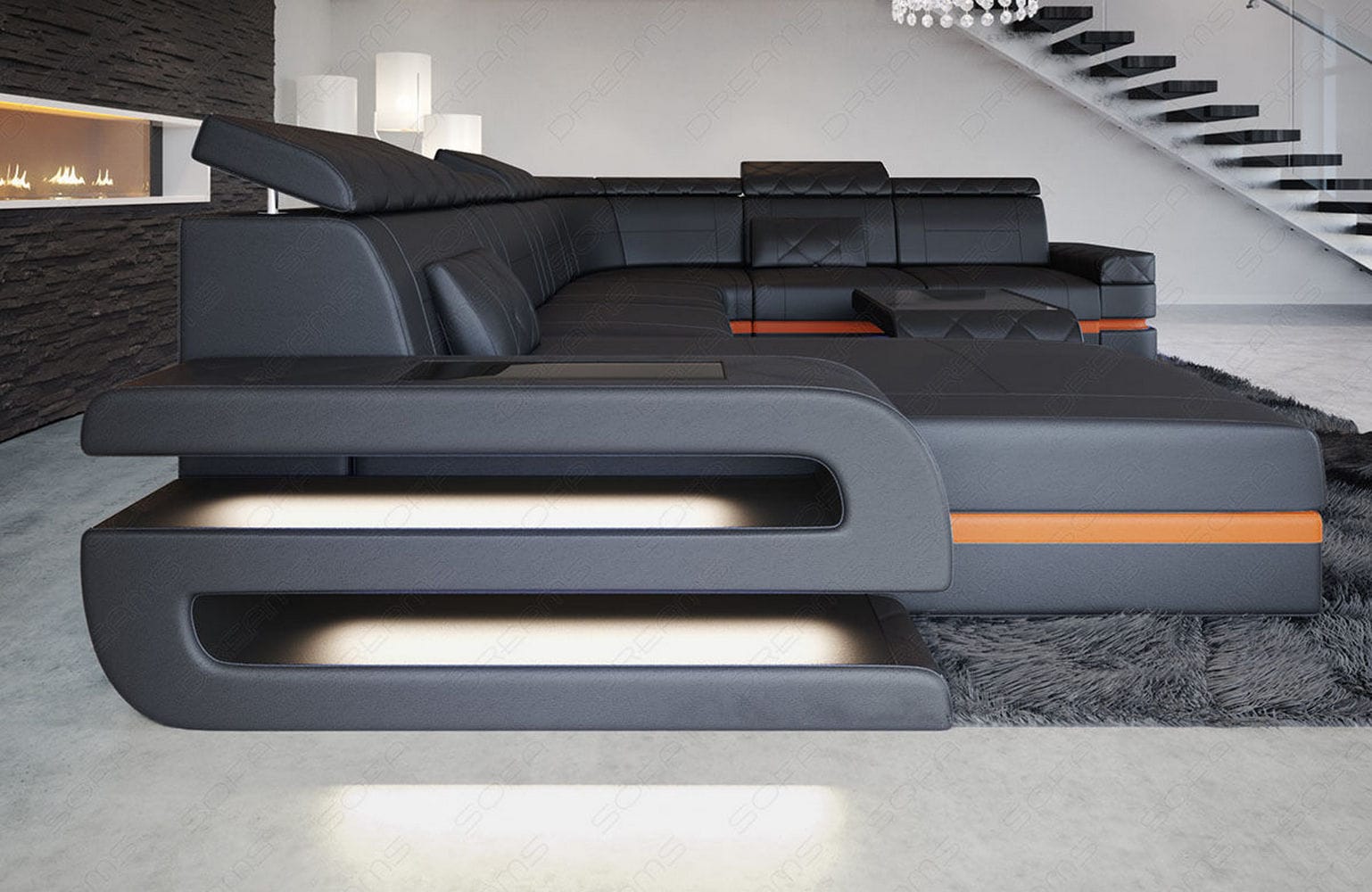 Mini Wohnlandschaft Bologna XXL U-Form in Leder Schwarz-Orange