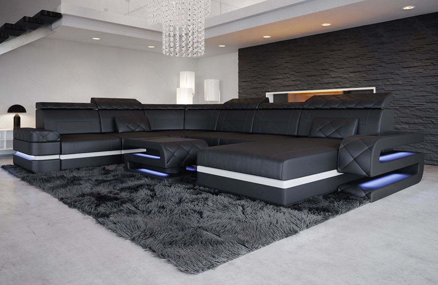 Wohnlandschaft Bologna Luxurios XXL in Leder schwarz-weiß