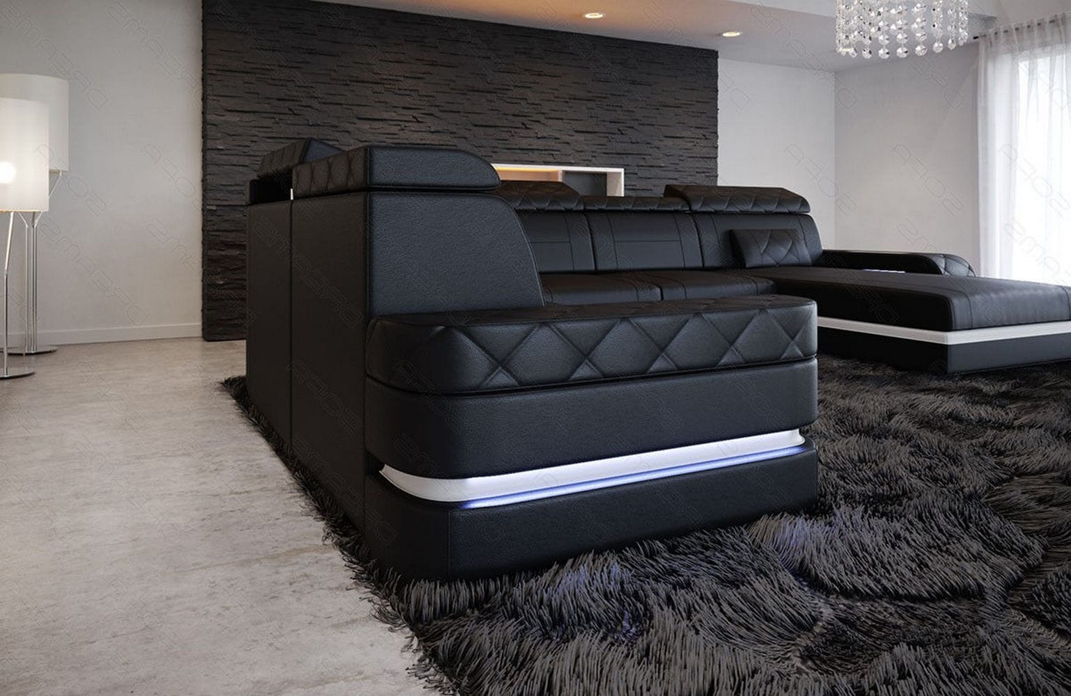 Wohnlandschaft Bologna Luxurios XXL in Leder schwarz-weiß