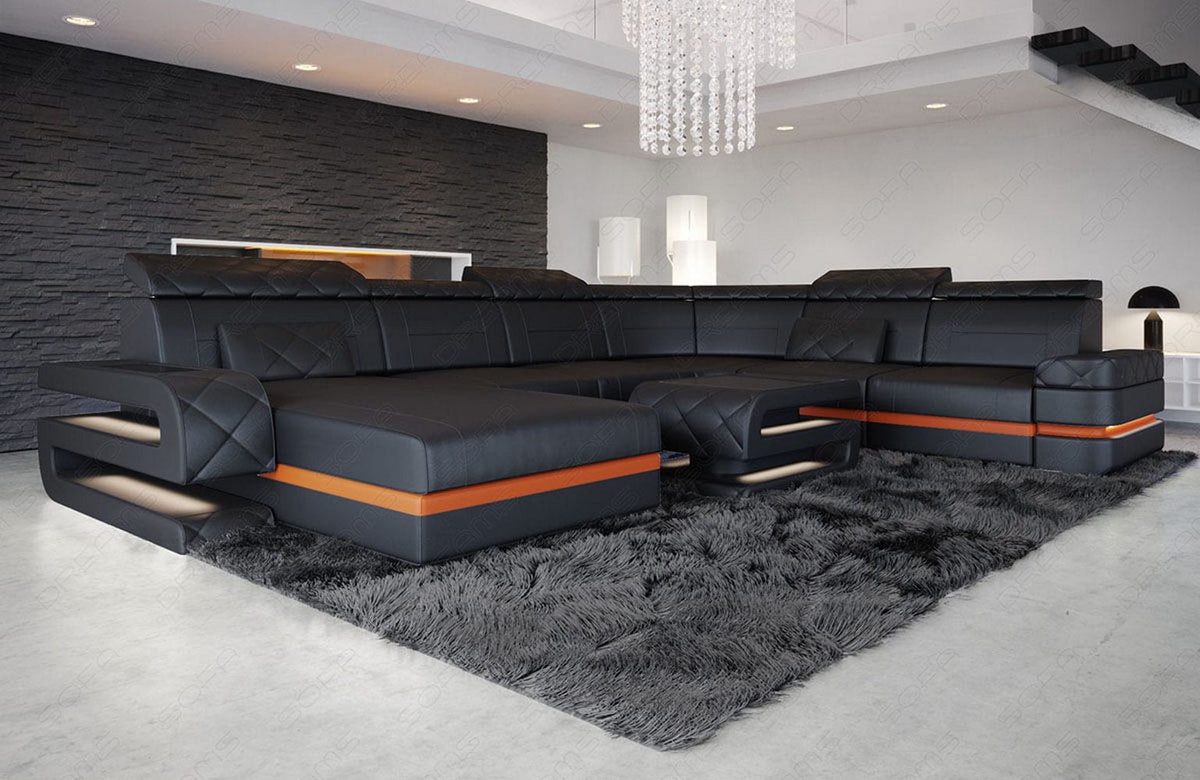 Wohnlandschaft Bologna Luxurios XXL U-Form in Leder schwarz-orange