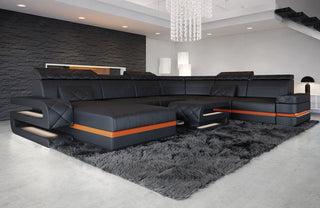 Wohnlandschaft Bologna Luxurios XXL U-Form in Leder schwarz-orange