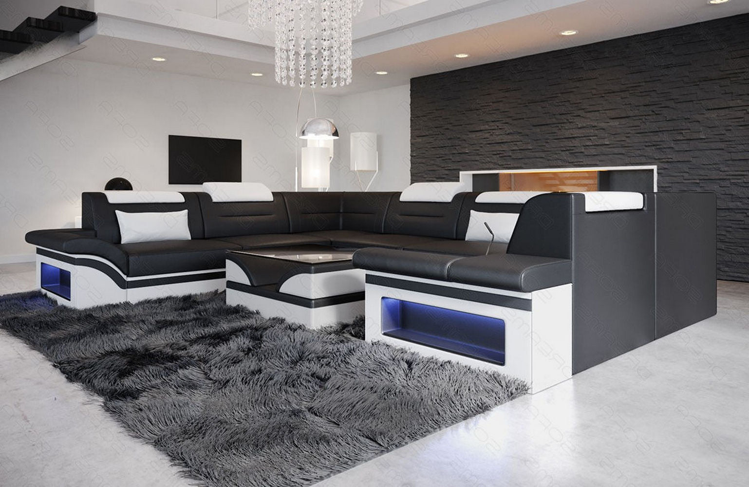 Mini Leder Wohnlandschaft Brianza – Modern Schwarz-Weiß