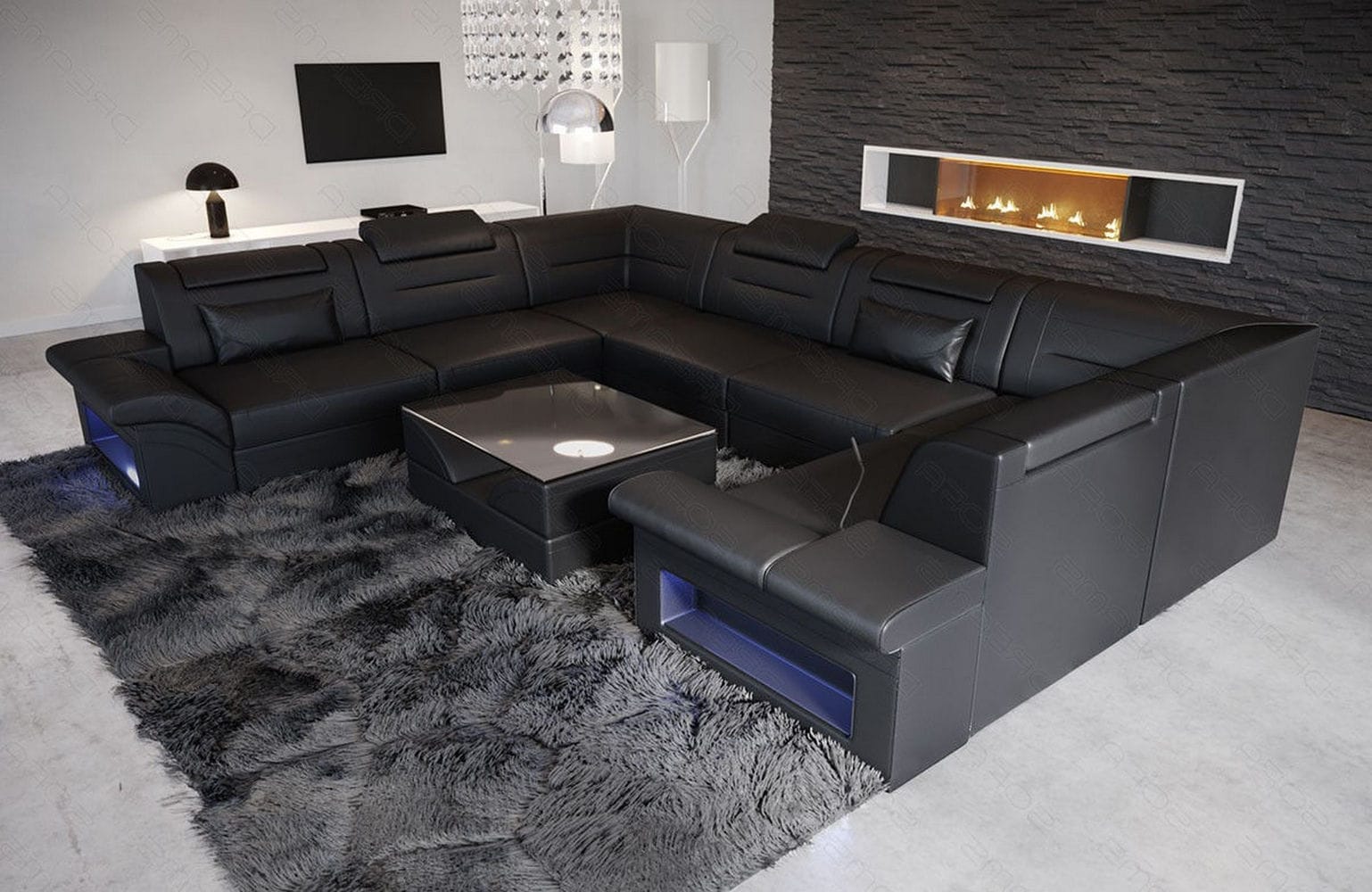 Mini Sofa Brianza U-Form aus Leder Schwarz