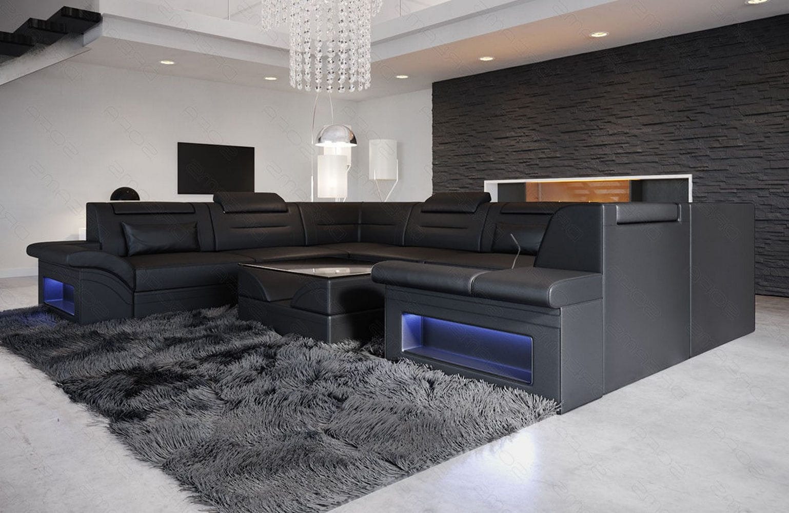 Mini Sofa Brianza U-Form aus Leder Schwarz