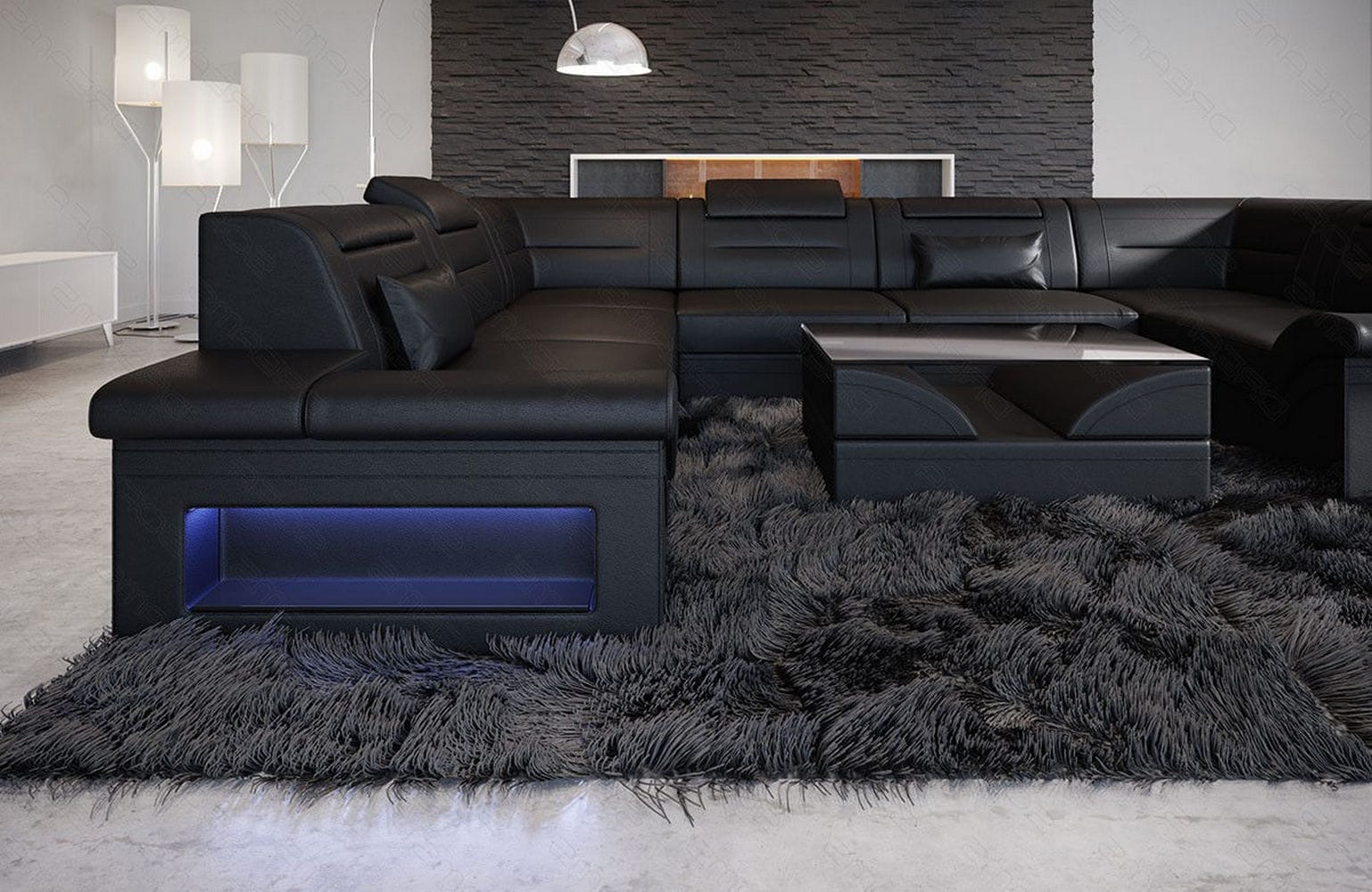 Mini Sofa Brianza U-Form aus Leder Schwarz