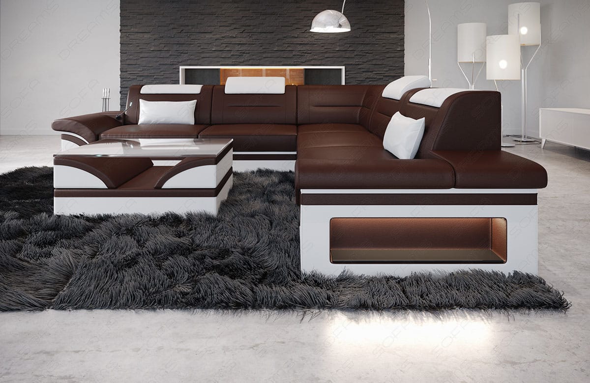 Mini Ecksofa Brianza L-Form aus Leder Dunkelbraun-Weiß