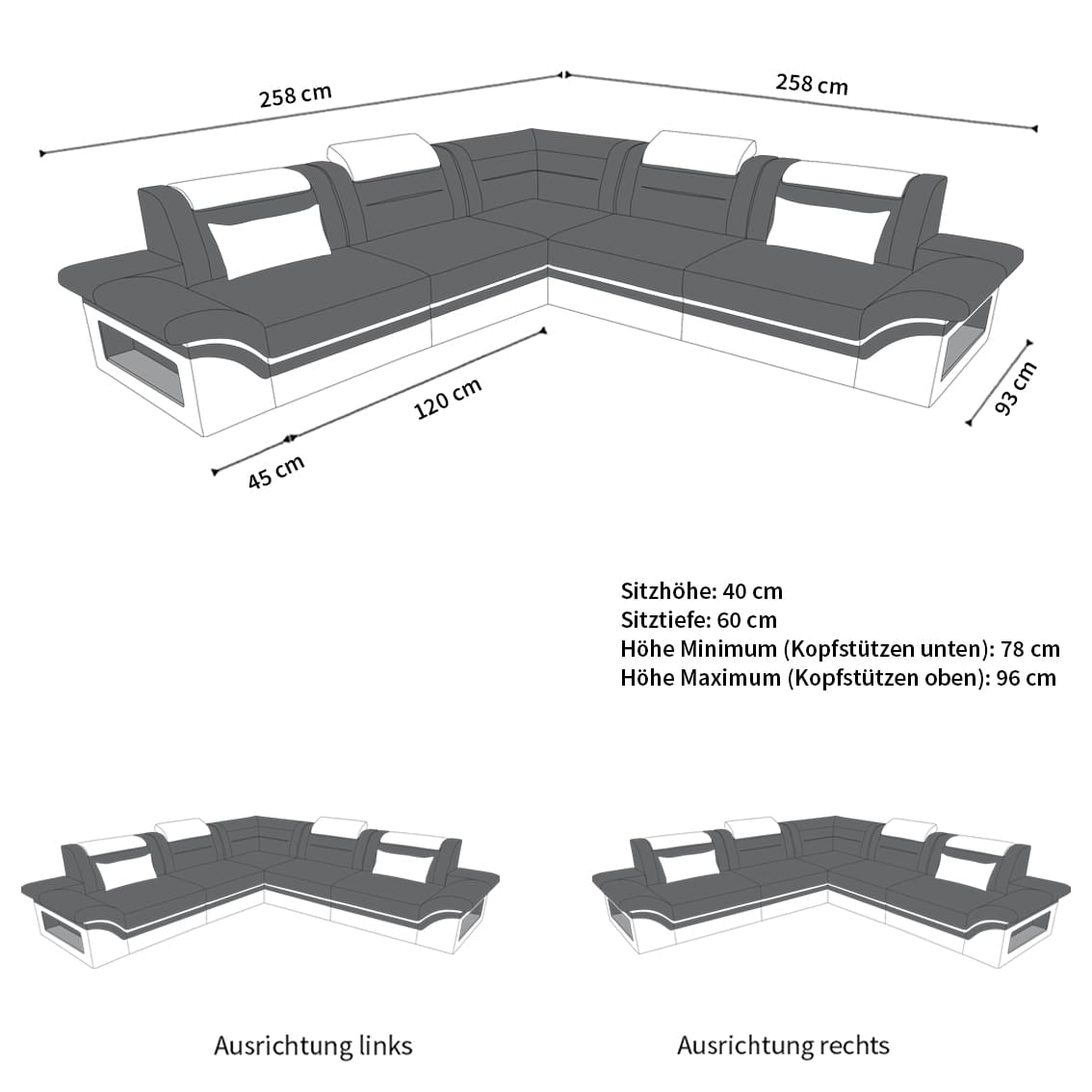 Mini Ecksofa Brianza L-Form aus Leder Weiß-Schwarz