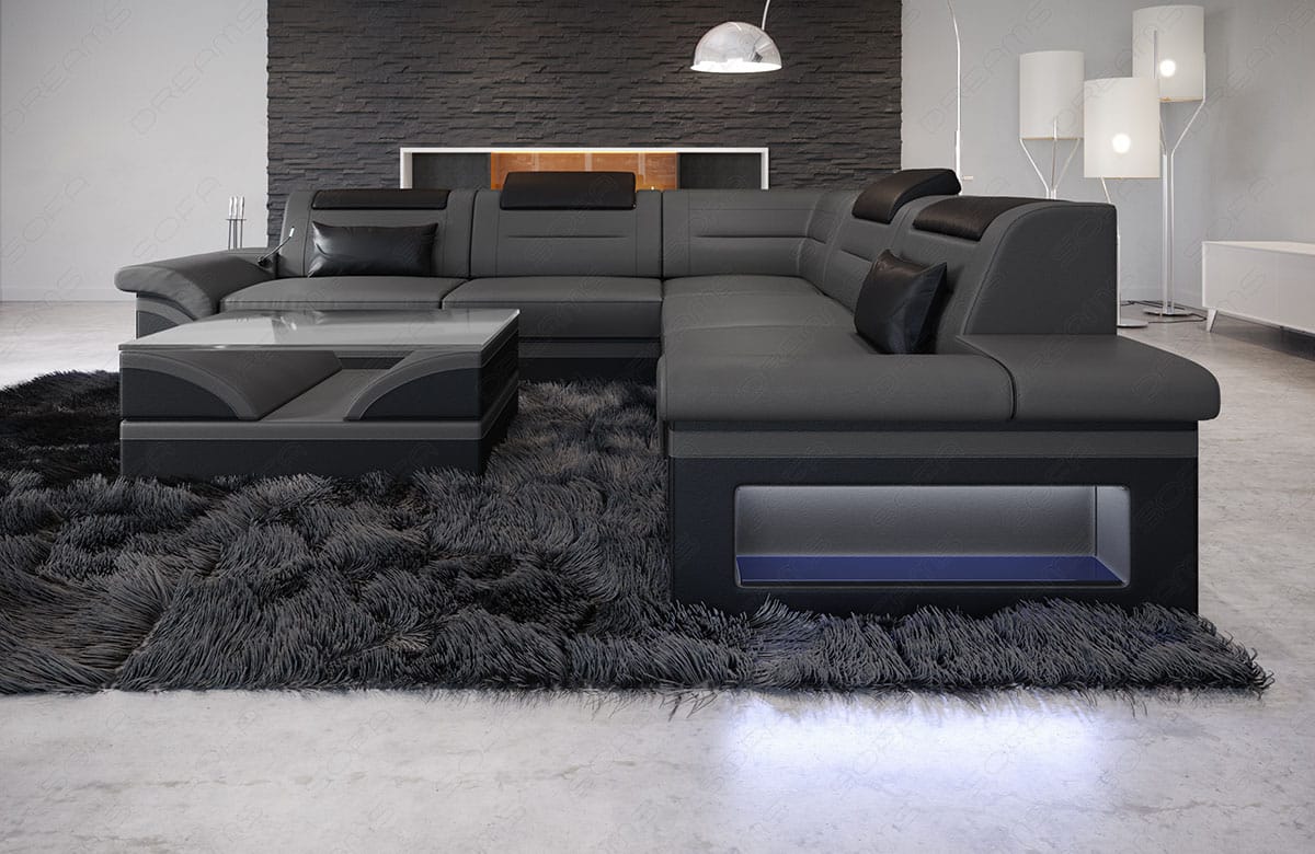 Mini Ecksofa Brianza L-Form aus Leder grau-schwarz