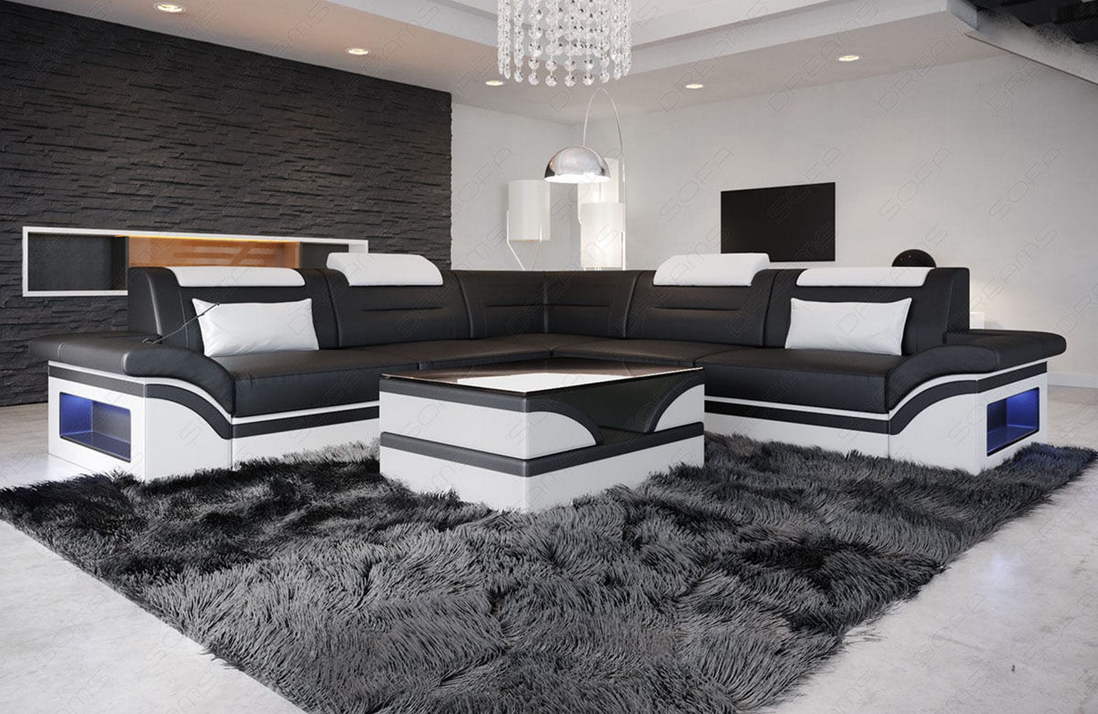 Ecksofa Brianza L-Form aus Leder schwarz-weiß