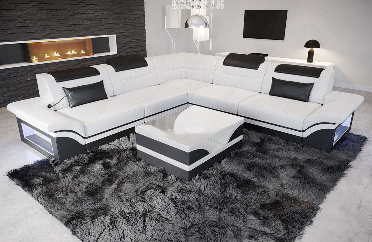 Ecksofa Brianza aus Leder – Luxus & Komfort weiß-schwarz