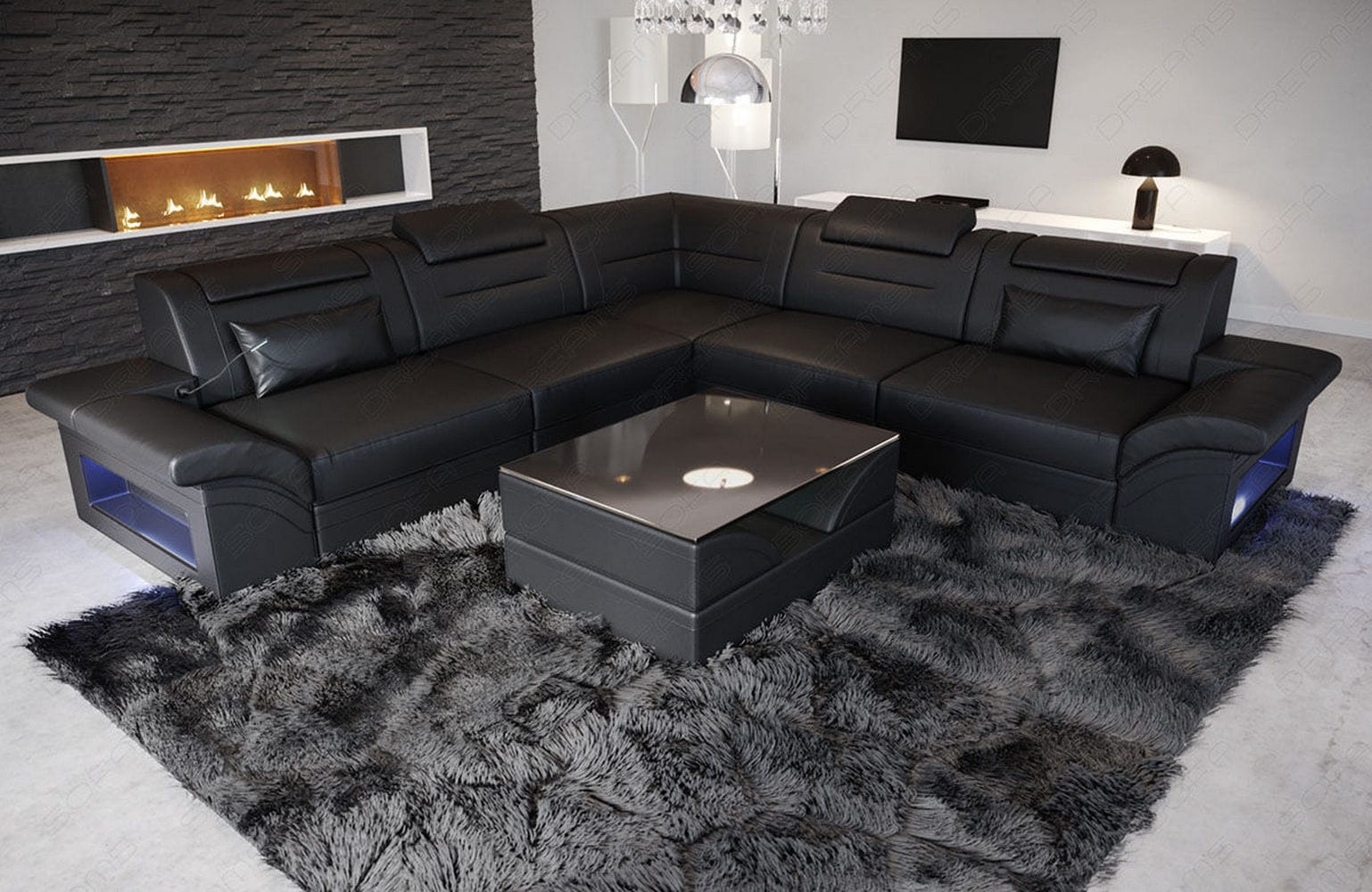 Couch Brianza L Form Leder mit LED Beleuchtung schwarz