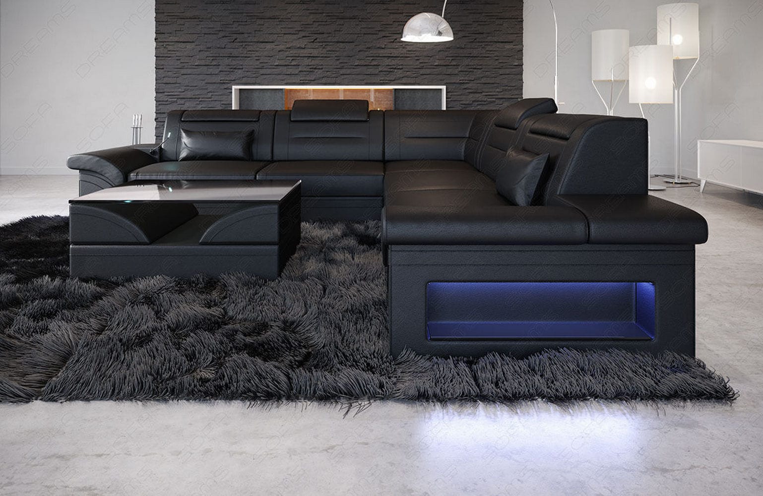 Couch Brianza L Form Leder mit LED Beleuchtung schwarz