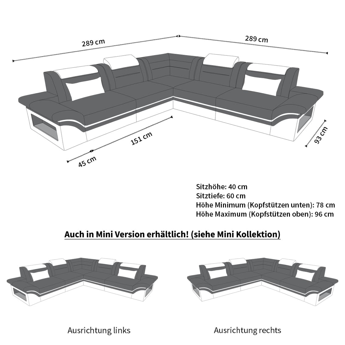 Couch Brianza L Form Leder mit LED Beleuchtung schwarz