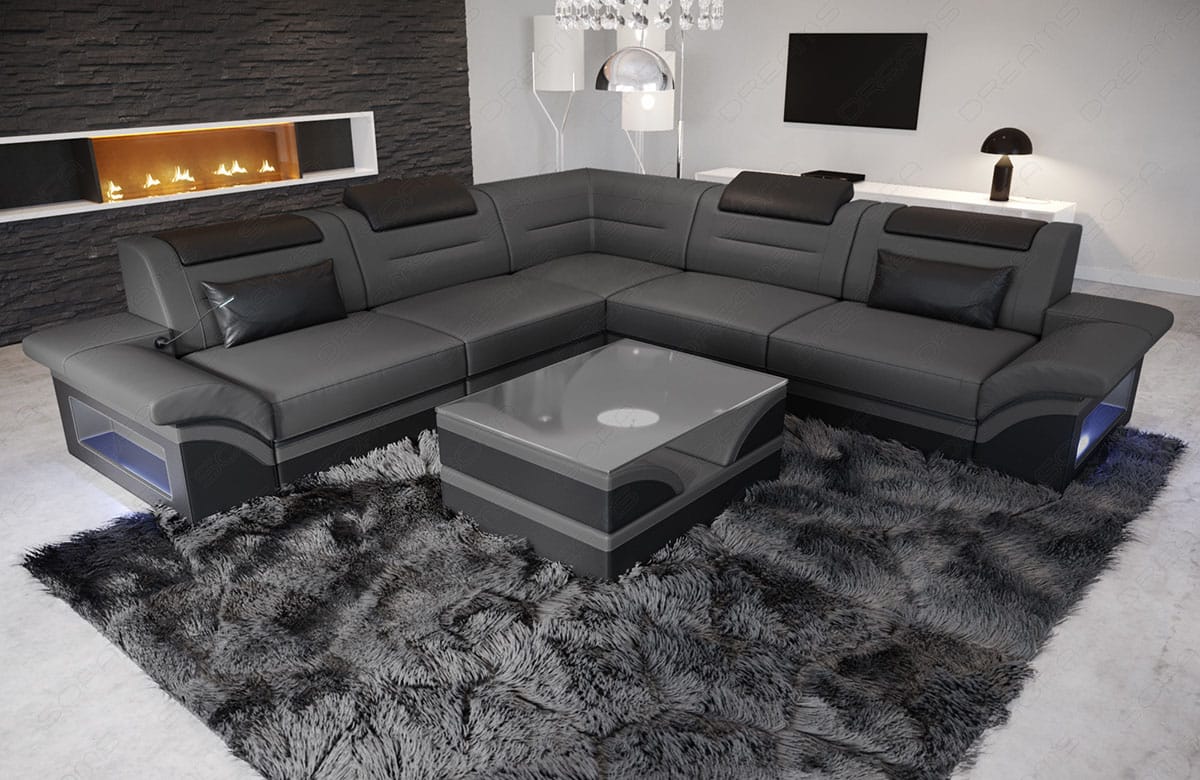 Ecksofa Brianza L-Form aus Leder grau-schwarz