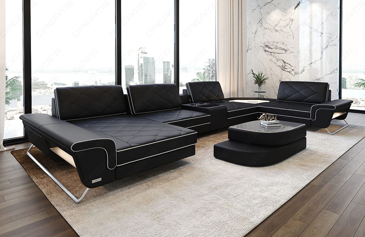 Sofa Ferrara Eleganz U-Form in Leder schwarz-weiß