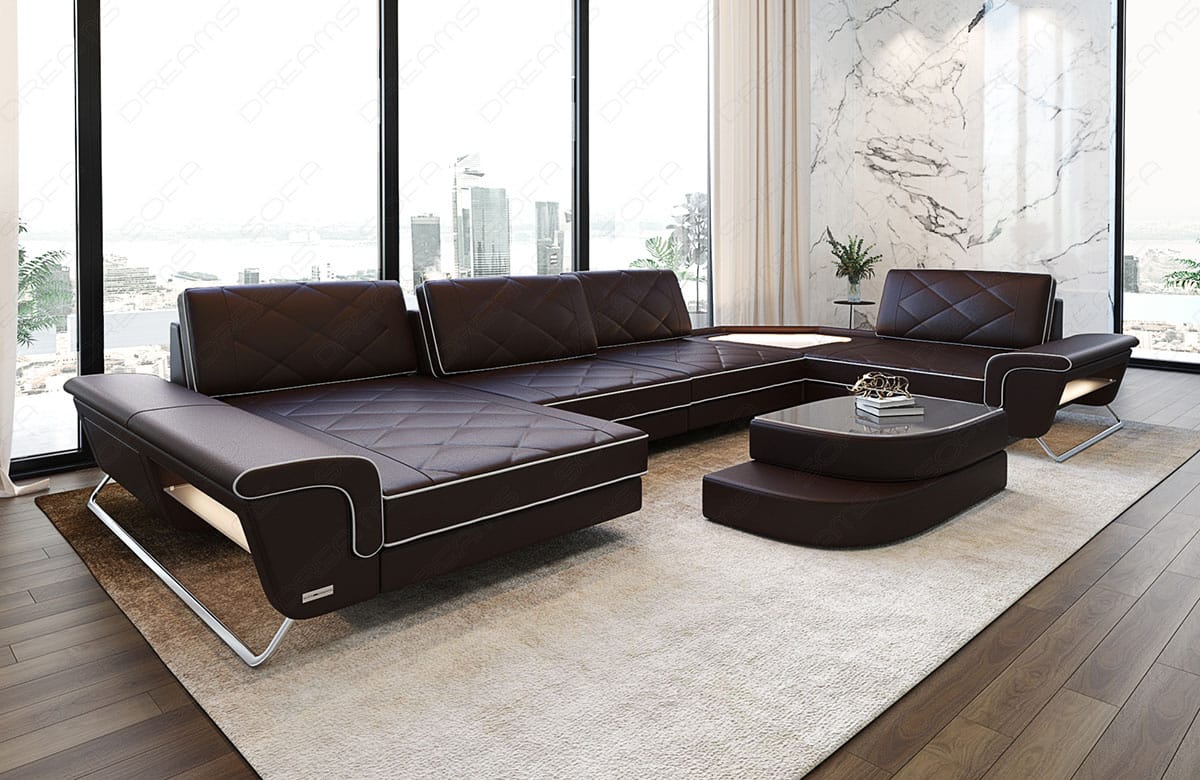 Sofa Ferrara Eleganz U-Form in Leder dunkelbraun-weiß