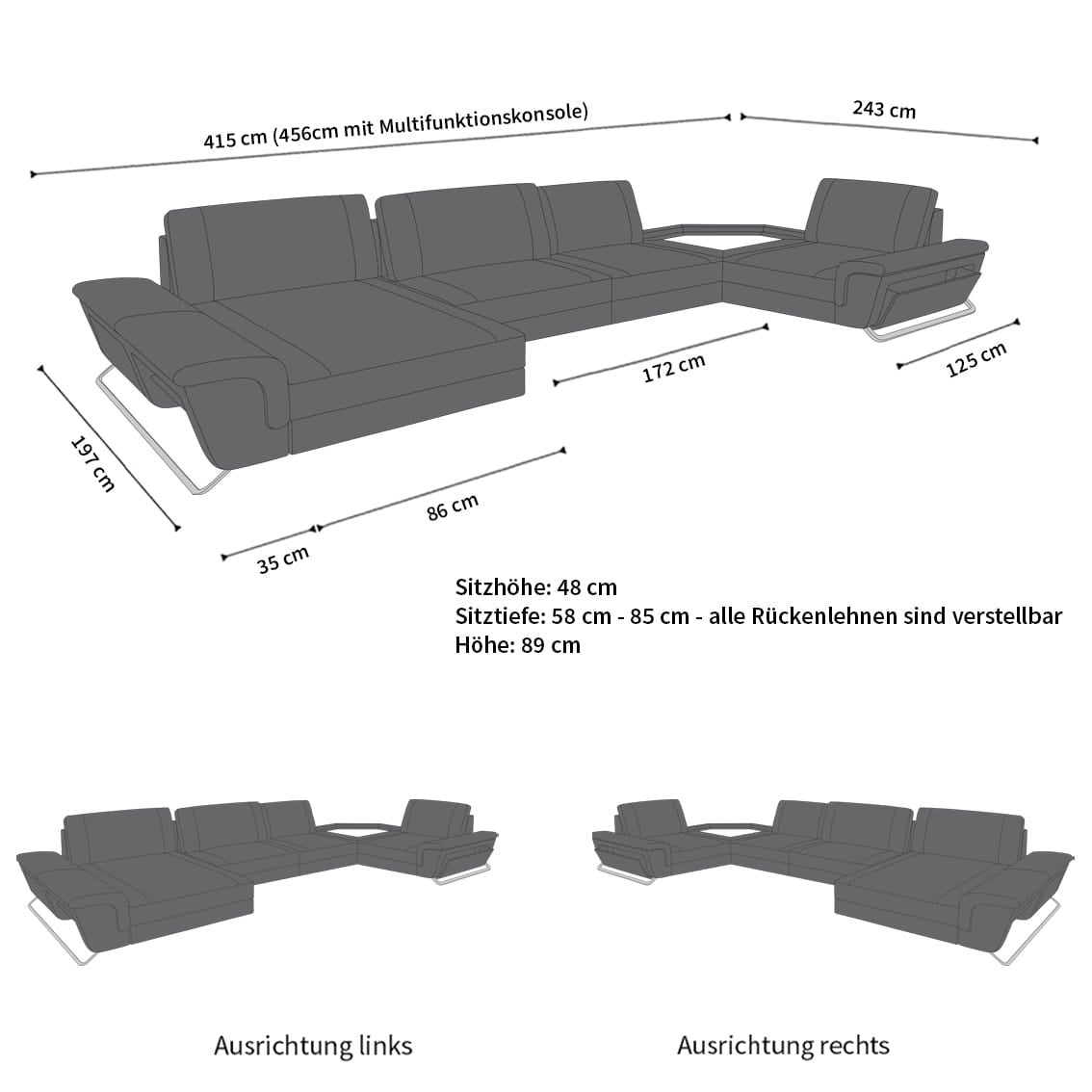 Sofa Ferrara Eleganz U-Form in Leder dunkelbraun-weiß