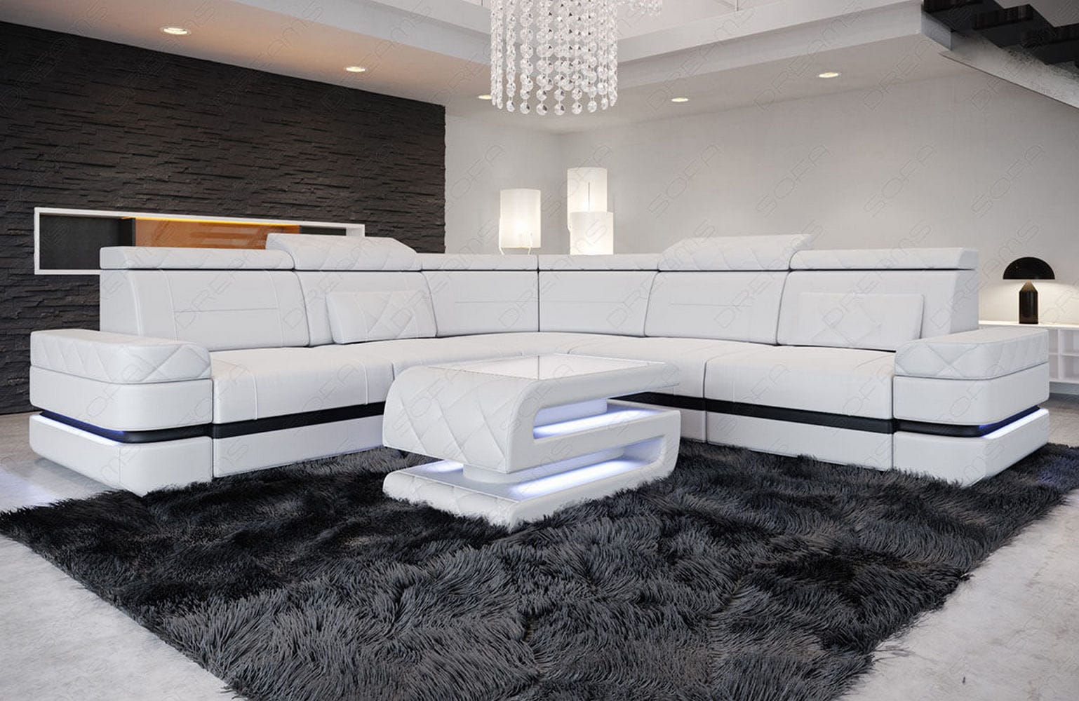 Mini Ecksofa Positano – Leder Sofa für dein Heim Weiß-Schwarz