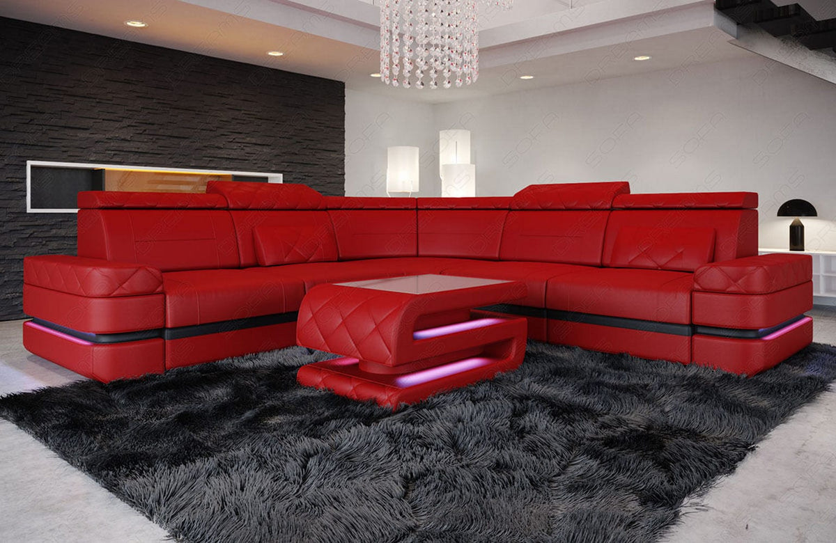 Ecksofa Positano L-Form in Leder rot-schwarz