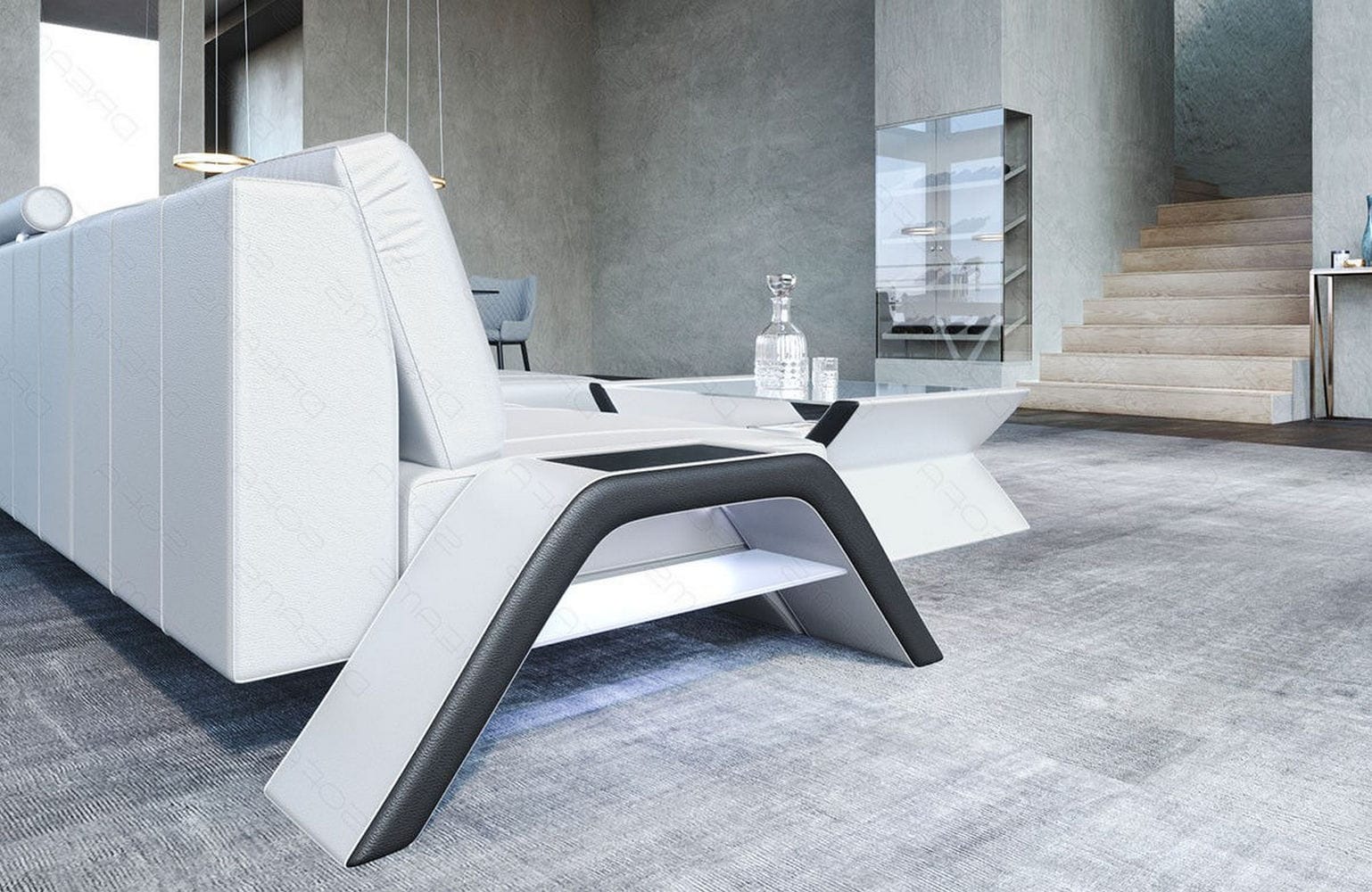 Couch Calabria L-Form in Leder weiß-schwarz