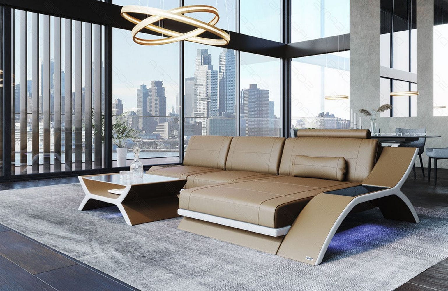 Leder Ecksofa Calabria L Form mit LED Beleuchtung sandbeige-weiß