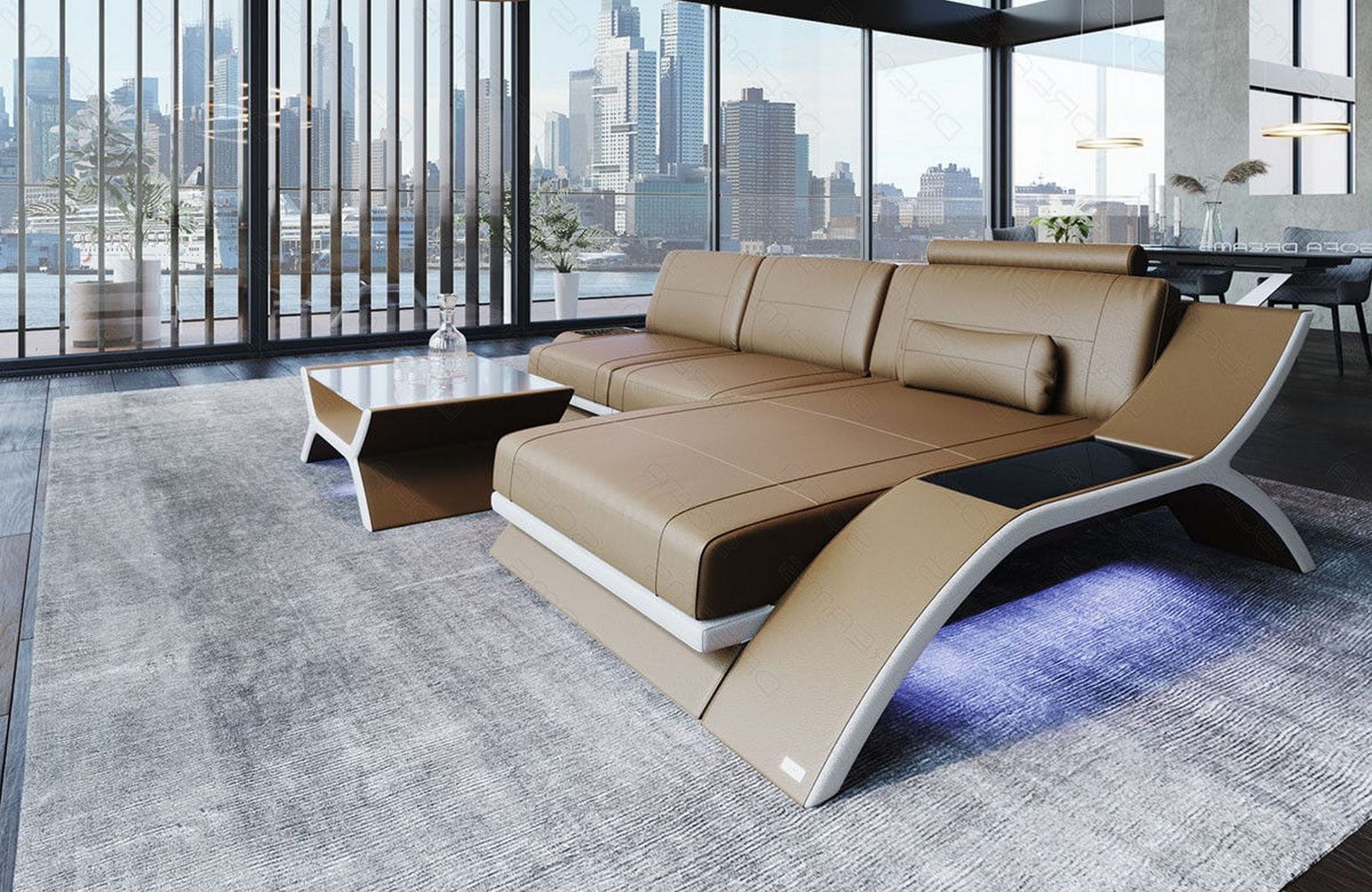Leder Ecksofa Calabria L Form mit LED Beleuchtung sandbeige-weiß