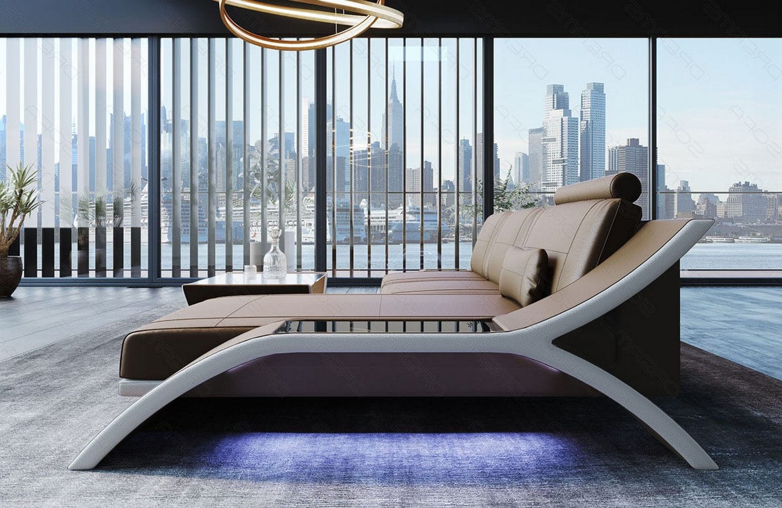Leder Ecksofa Calabria L Form mit LED Beleuchtung sandbeige-weiß