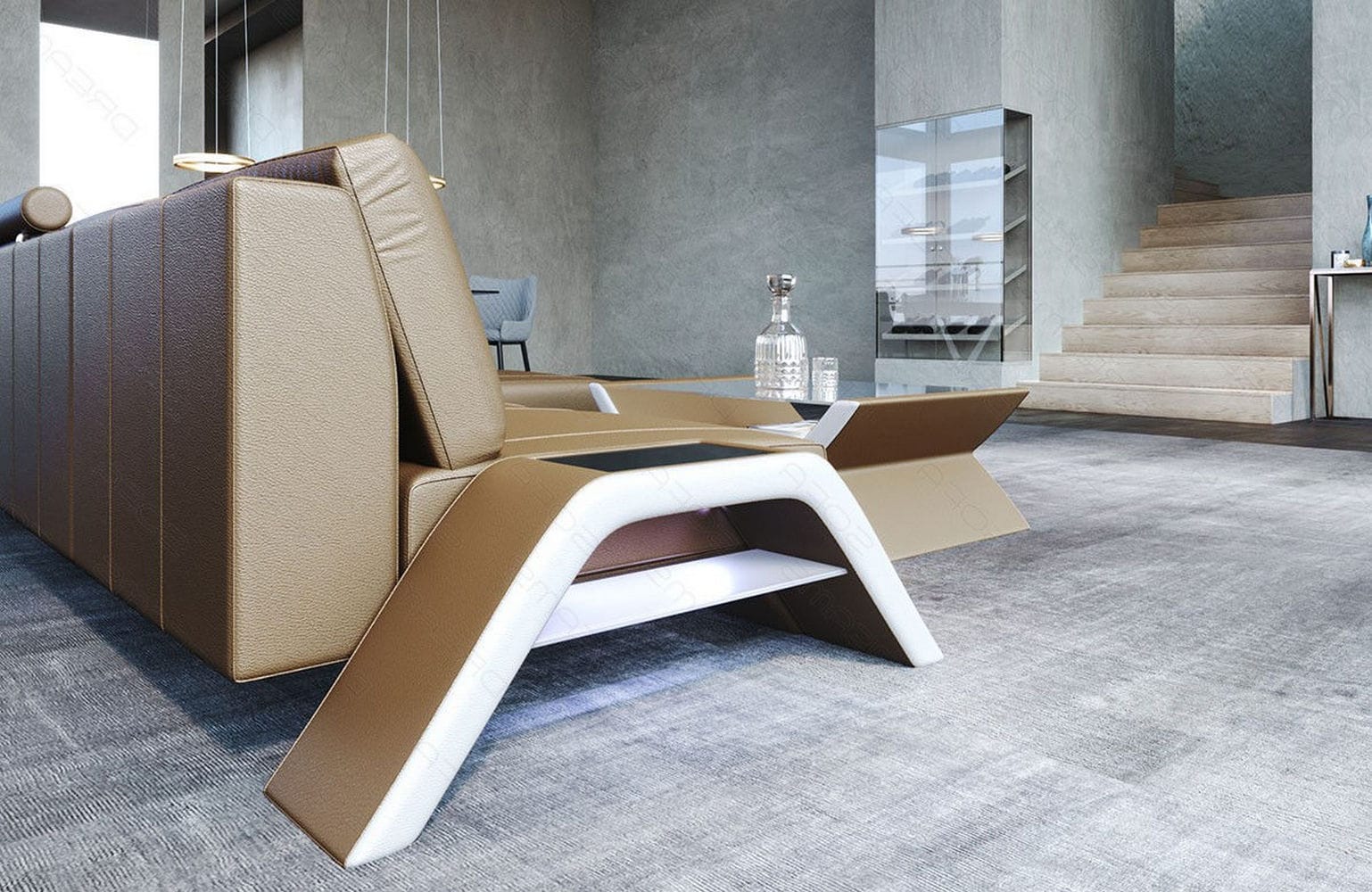 Leder Ecksofa Calabria L Form mit LED Beleuchtung sandbeige-weiß