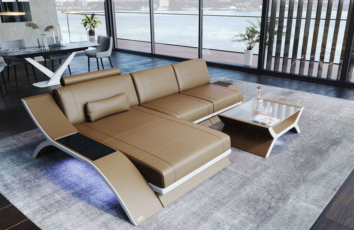 Couch Calabria L-Form in Leder sandbeige-weiß