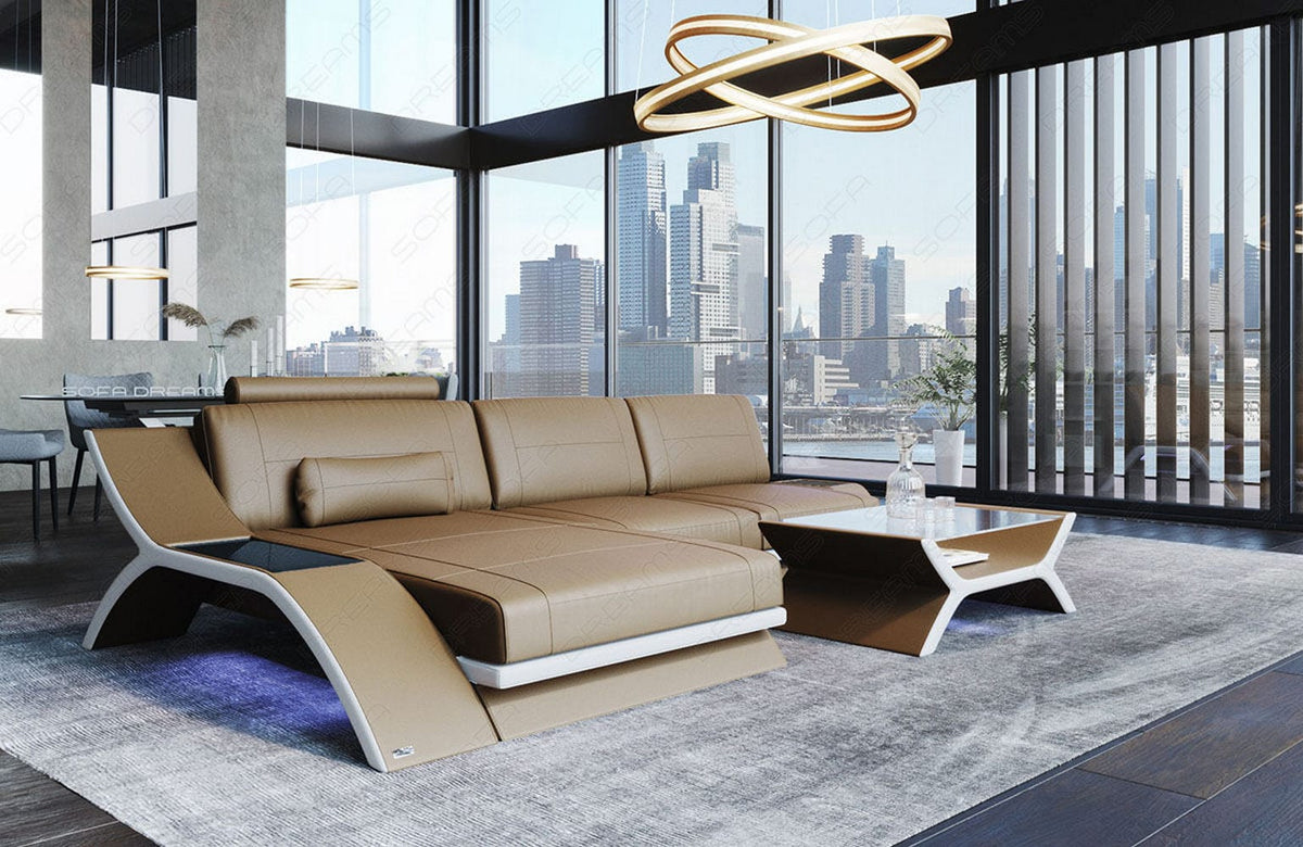 Couch Calabria L-Form in Leder sandbeige-weiß