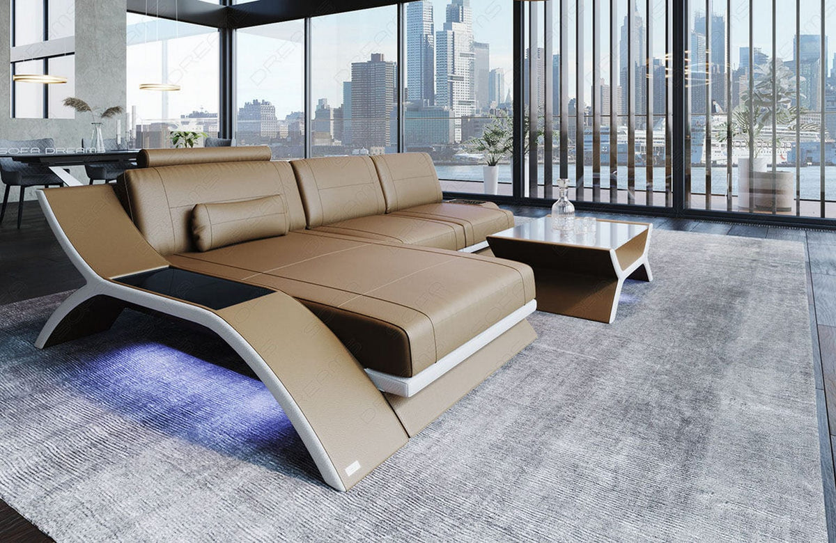 Couch Calabria L-Form in Leder sandbeige-weiß