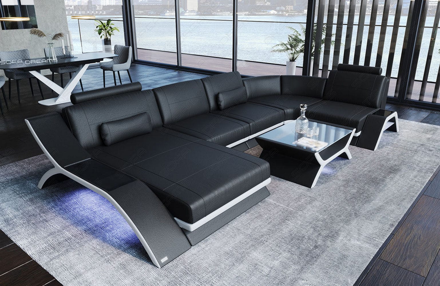 Designsofa Calabria U-Form aus Leder schwarz-weiß