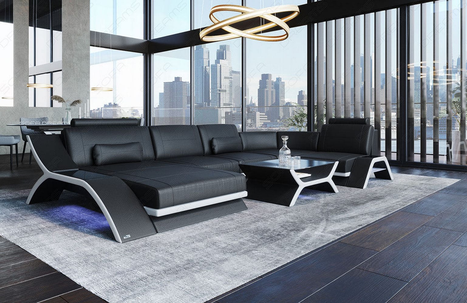 Designsofa Calabria U-Form aus Leder schwarz-weiß