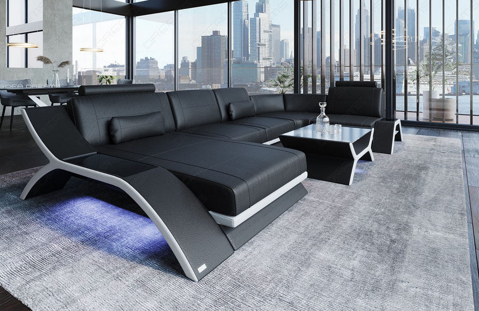 Designsofa Calabria U-Form aus Leder schwarz-weiß