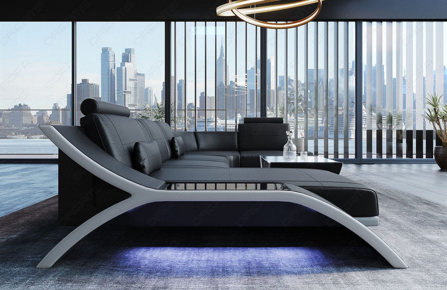 Designsofa Calabria U-Form aus Leder schwarz-weiß