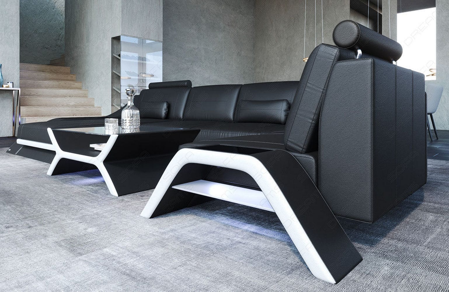 Designsofa Calabria U-Form aus Leder schwarz-weiß