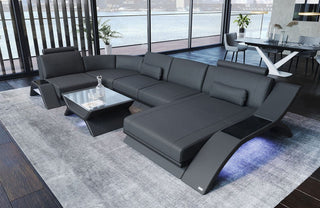 Designsofa Calabria U-Form aus Leder grau-schwarz